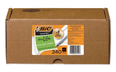 Round Stic Xtra Life Ballpoint Pen Xtra-Value Pack, Stick, Medium 1 mm, Black Ink, Translucent Frost Barrel, 240/Carton