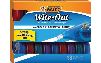 Wite-Out EZ Correct Correction Tape Value Pack, Non-Refillable, Randomly Assorted Applicator Colors, 0.17″ x 472″, 18/Pack