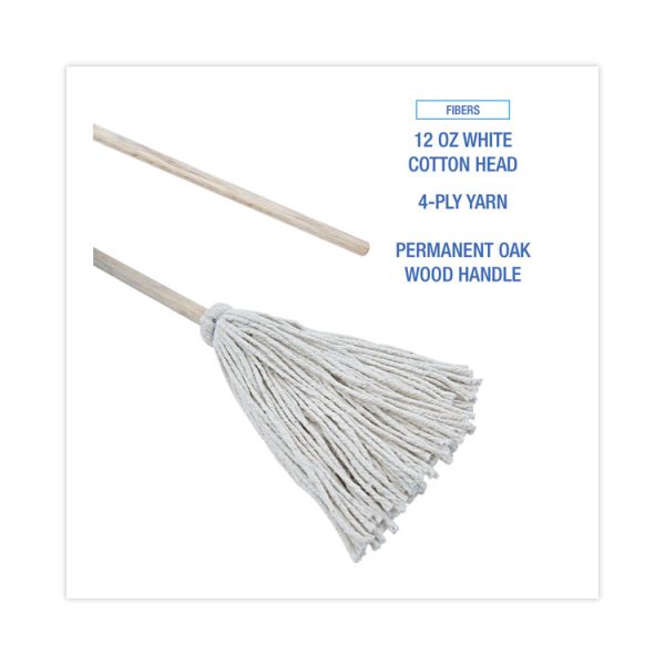 Handle/Deck Mops, #12 White Cotton Head, 48" Natural Wood Handle, 6/Pack - Image 3
