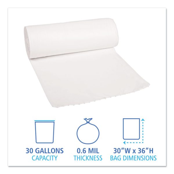 Low-Density Waste Can Liners, 30 gal, 0.6 mil, 30" x 36", White, 25 Bags/Roll, 8 Rolls/Carton - Image 2