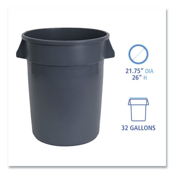 Round Waste Receptacle, 32 gal, Linear-Low-Density Polyethylene, Gray - Image 2