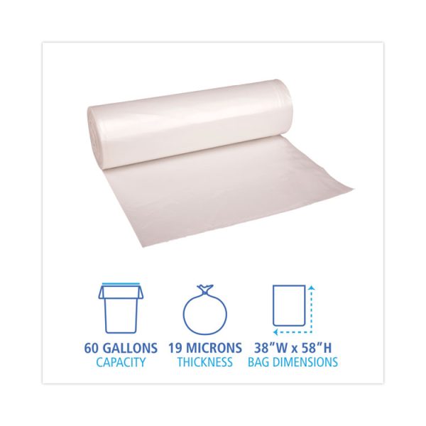 High-Density Can Liners, 60 gal, 19 mic, 38" x 58", Natural, 25 Bags/Roll, 6 Rolls/Carton - Image 2