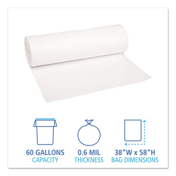 Low-Density Waste Can Liners, 60 gal, 0.6 mil, 38" x 58", White, 25 Bags/Roll, 4 Rolls/Carton - Image 2