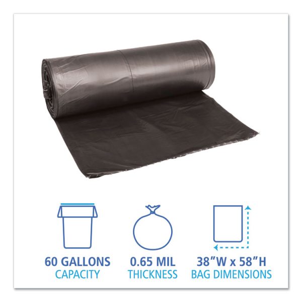 Low-Density Waste Can Liners, 60 gal, 0.65 mil, 38" x 58", Black, 25 Bags/Roll, 4 Rolls/Carton - Image 2