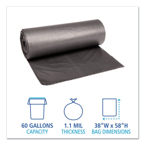 Low-Density Waste Can Liners, 60 gal, 1.1 mil, 38" x 58", Gray, 20 Bags/Roll, 5 Rolls/Carton - Image 2