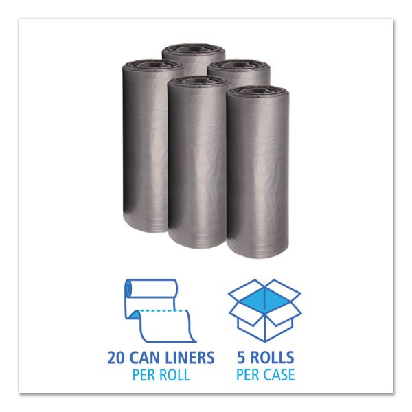 Low-Density Waste Can Liners, 60 gal, 1.1 mil, 38" x 58", Gray, 20 Bags/Roll, 5 Rolls/Carton - Image 3