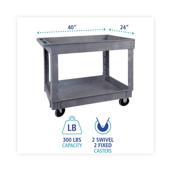 Two-Shelf Utility Cart, Plastic, 2 Shelves, 300 lb Capacity, 24" x 40" x 31.5", Gray - Image 2