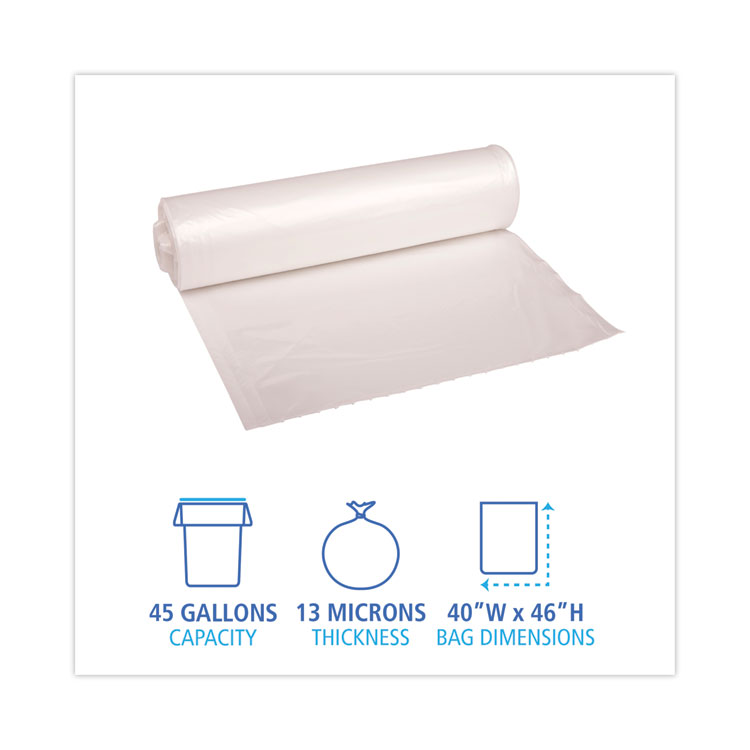 High-Density Can Liners, 45 gal, 13 mic, 40" x 46", Natural, 25 Bags/Roll, 10 Rolls/Carton - Image 2