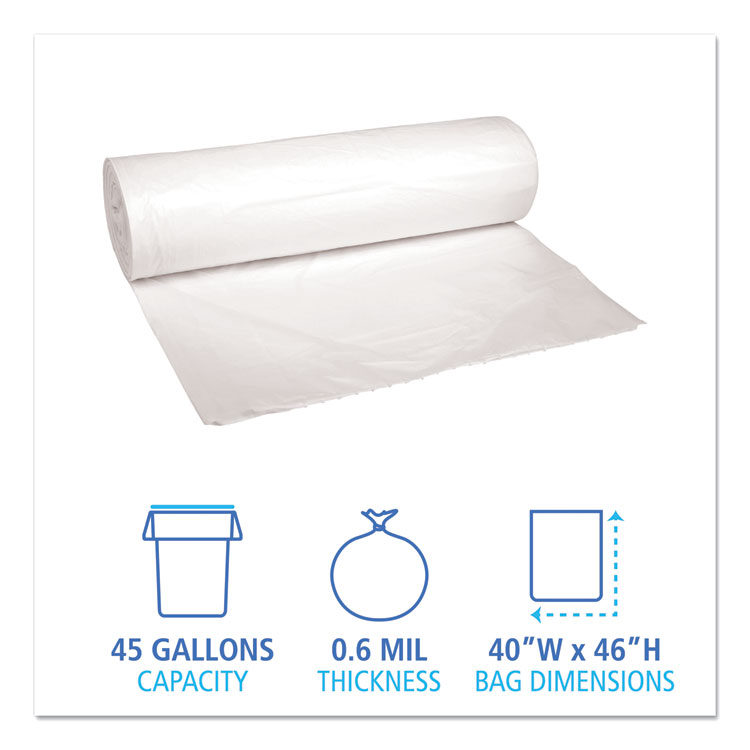 Low-Density Waste Can Liners, 45 gal, 0.6 mil, 40" x 46", White, 25 Bags/Roll, 4 Rolls/Carton - Image 2