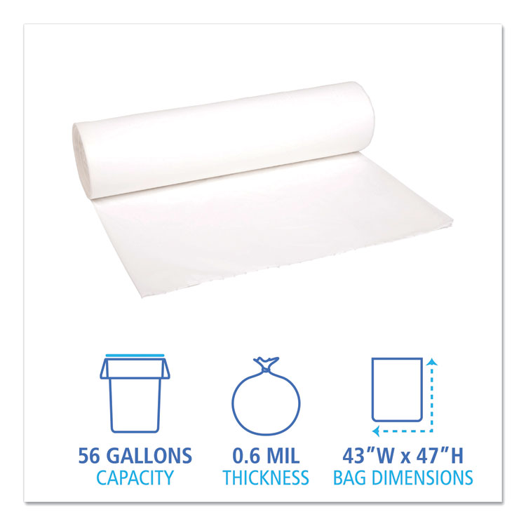 Low-Density Waste Can Liners, 56 gal, 0.6 mil, 43" x 47", White, 25 Bags/Roll, 4 Rolls/Carton - Image 2