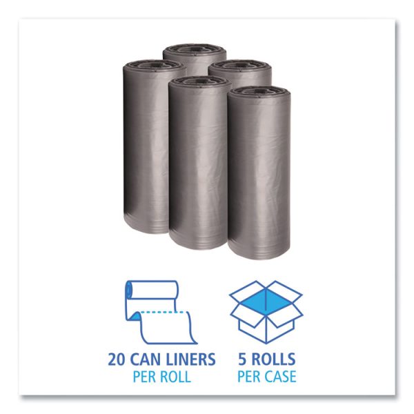 Low-Density Waste Can Liners, 56 gal, 1.1 mil, 43" x 47", Gray, 20 Bags/Roll, 5 Rolls/Carton - Image 3
