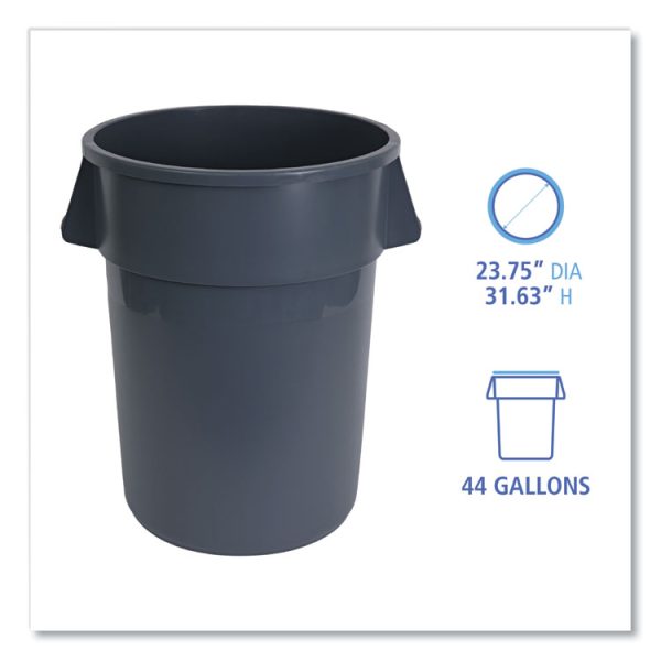 Round Waste Receptacle, 44 gal, Plastic, Gray - Image 2