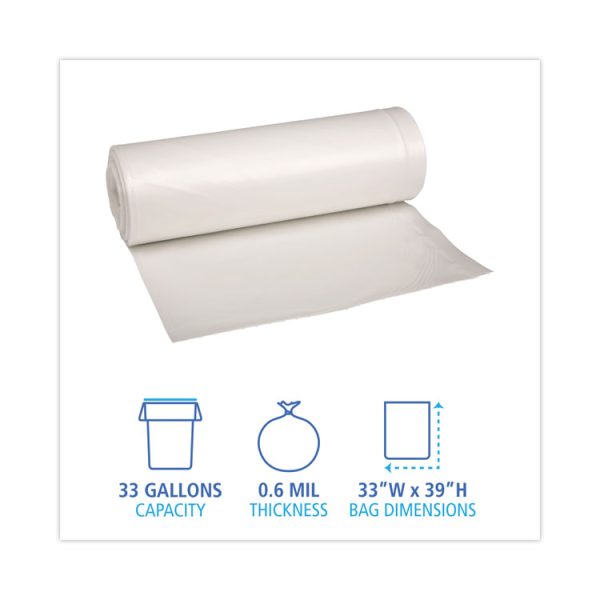 Low-Density Waste Can Liners, 33 gal, 0.6 mil, 33 x 39, White, 25 Bags/Roll, 6 Rolls/Carton - Image 2