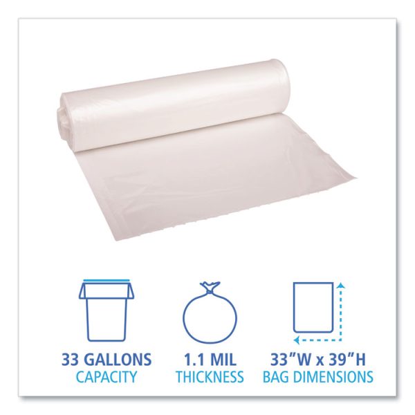 Recycled Low-Density Polyethylene Can Liners, 33 gal, 1.1 mil, 33" x 39", Clear, 10 Bags/Roll, 10 Rolls/Carton - Image 2