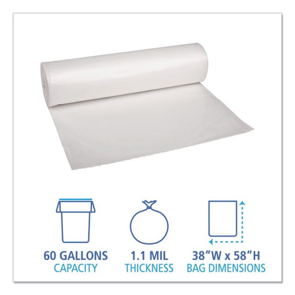 Recycled Low-Density Polyethylene Can Liners, 60 gal, 1.1 mil, 38" x 58", Clear, 10 Bags/Roll, 10 Rolls/Carton - Image 2
