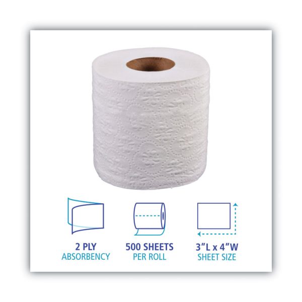 2-Ply Toilet Tissue, Standard, Septic Safe, White, 4 x 3, 500 Sheets/Roll, 96 Rolls/Carton - Image 3