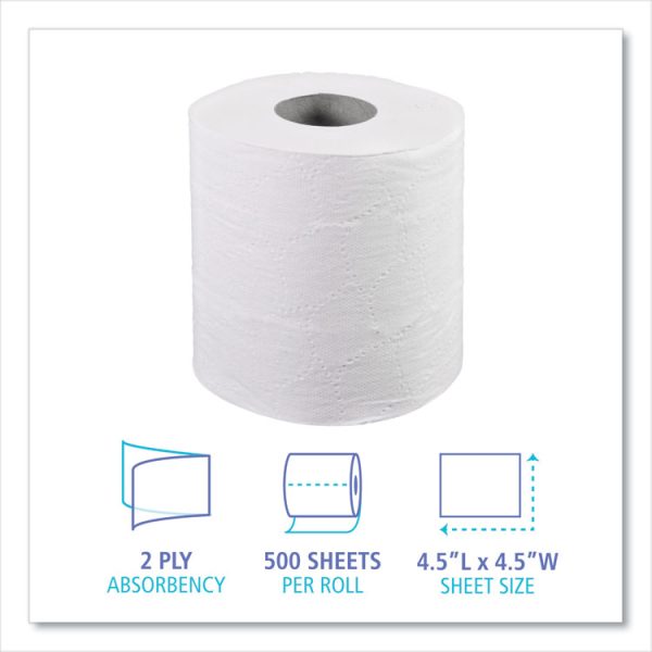 2-Ply Toilet Tissue, Septic Safe, White, 4.5 x 4.5, 500 Sheets/Roll, 96 Rolls/Carton - Image 3