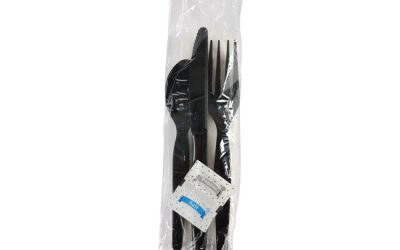 Six-Piece Cutlery Kit, Condiment/fork/knife/napkin/spoon, Heavyweight, Black, 250/carton