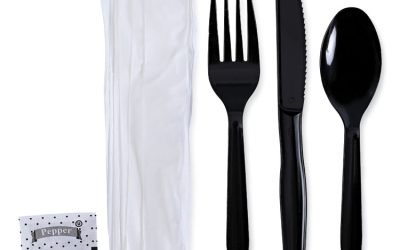 Six-Piece Cutlery Kit, Condiment/fork/knife/napkin/teaspoon, Black, 250/carton