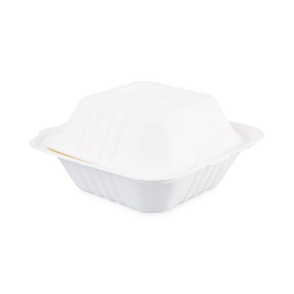 Bagasse Food Containers, Hinged-Lid, 1-Compartment 6 x 6 x 3.19, White, Sugarcane, 125/Sleeve, 4 Sleeves/Carton - Image 2