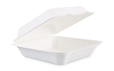 Bagasse Food Containers, Hinged-Lid, 1-Compartment 9 x 9 x 3.19, White,  Sugarcane, 100/Sleeve, 2 Sleeves/Carton