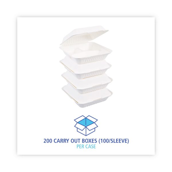 Bagasse Food Containers, Hinged-Lid, 3-Compartment 9 x 9 x 3.19, White, Sugarcane, 100/Sleeve, 2 Sleeves/Carton - Image 5