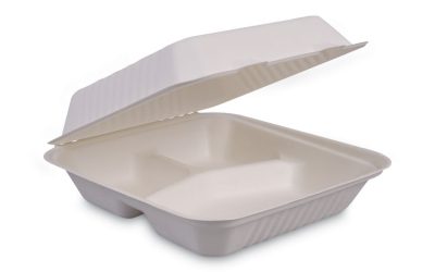 Bagasse Food Containers, Hinged-Lid, 3-Compartment 9 x 9 x 3.19, White, Sugarcane, 100/Sleeve, 2 Sleeves/Carton