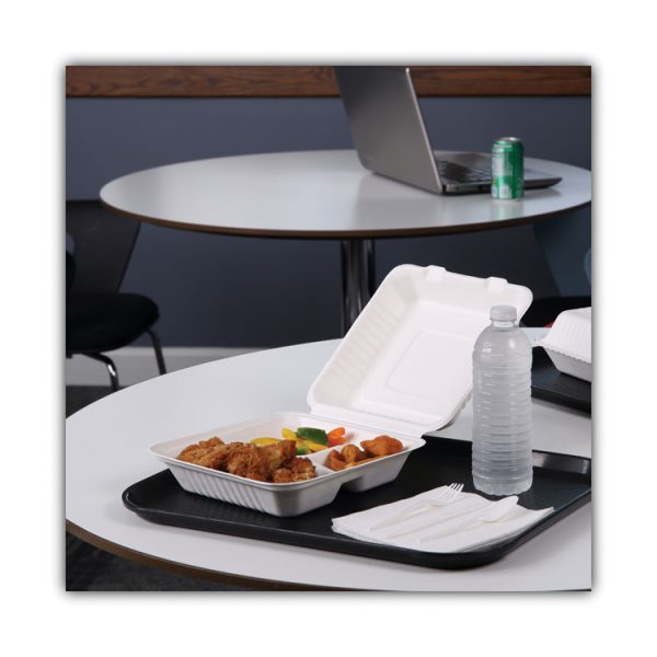 Bagasse Food Containers, Hinged-Lid, 3-Compartment 9 x 9 x 3.19, White, Sugarcane, 100/Sleeve, 2 Sleeves/Carton - Image 3