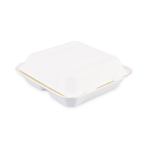 Bagasse Food Containers, Hinged-Lid, 3-Compartment 9 x 9 x 3.19, White, Sugarcane, 100/Sleeve, 2 Sleeves/Carton - Image 2