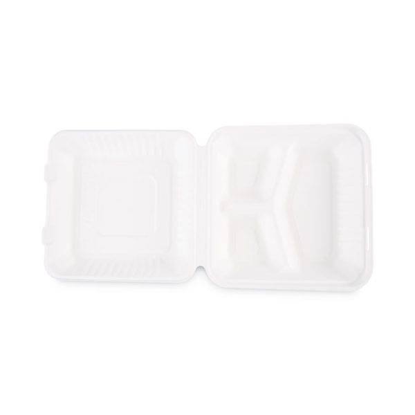 Bagasse Food Containers, Hinged-Lid, 3-Compartment 9 x 9 x 3.19, White, Sugarcane, 100/Sleeve, 2 Sleeves/Carton - Image 7