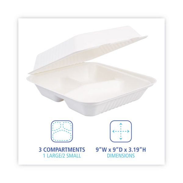 Bagasse Food Containers, Hinged-Lid, 3-Compartment 9 x 9 x 3.19, White, Sugarcane, 100/Sleeve, 2 Sleeves/Carton - Image 4