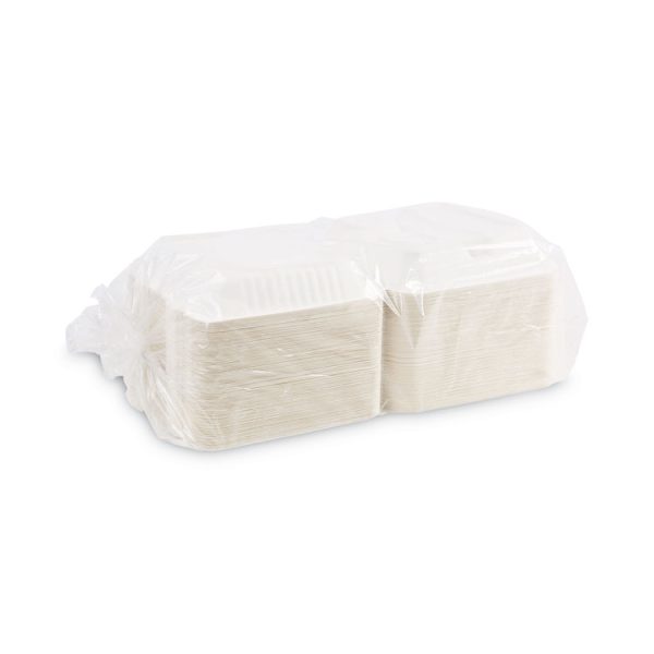 Bagasse Food Containers, Hinged-Lid, 3-Compartment 9 x 9 x 3.19, White, Sugarcane, 100/Sleeve, 2 Sleeves/Carton - Image 10