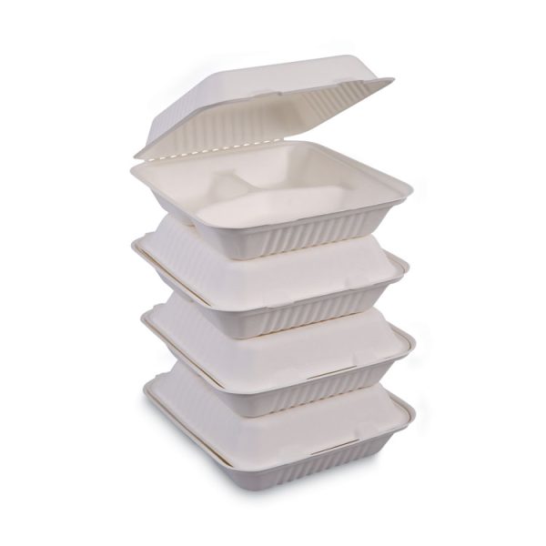 Bagasse Food Containers, Hinged-Lid, 3-Compartment 9 x 9 x 3.19, White, Sugarcane, 100/Sleeve, 2 Sleeves/Carton - Image 6