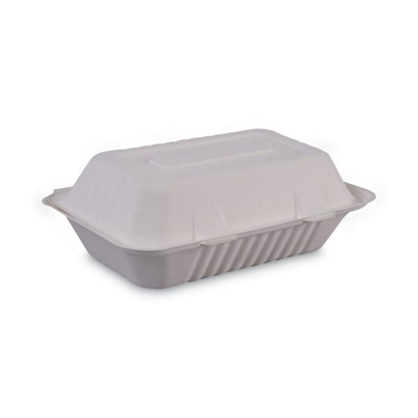 Bagasse Food Containers, Hinged-Lid, 1-Compartment 9 x 6 x 3.19, White, Sugarcane, 125/Sleeve, 2 Sleeves/Carton - Image 2