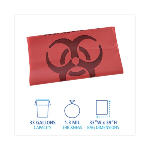 Linear Low Density Health Care Trash Can Liners, 33 Gal, 1.3 Mil, 33 X 39, Red, 150/carton - Image 2