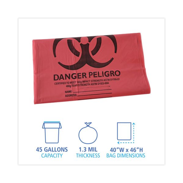 Linear Low Density Health Care Trash Can Liners, 45 Gal, 1.3 Mil, 40 X 46, Red, 100/carton - Image 2