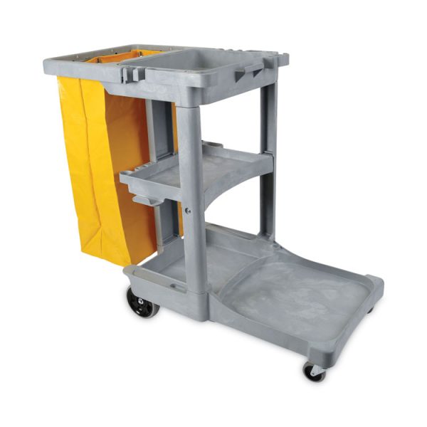 Janitor's Cart, Plastic, 4 Shelves, 1 Bin, 22" x 44" x 38", Gray - Image 2