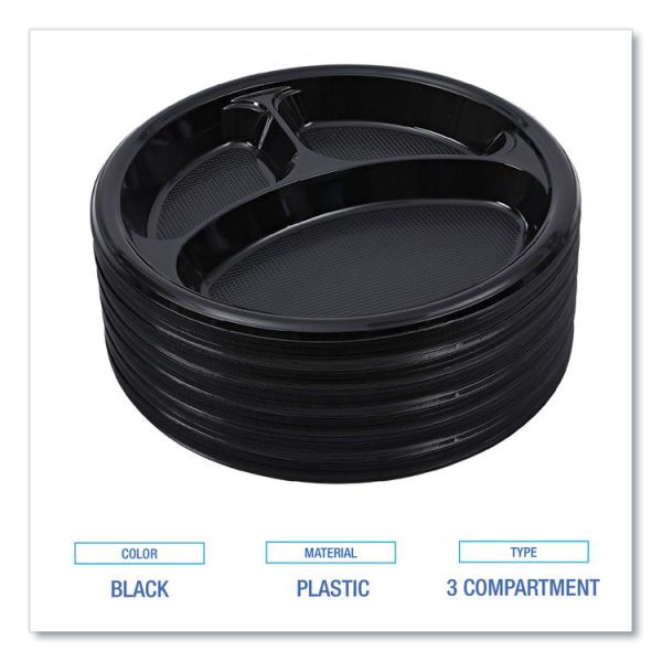 Hi-Impact Plastic Dinnerware, Plate, 3-Compartment, 10" dia, Black, 125/Sleeve, 4 Sleeves/Carton - Image 4