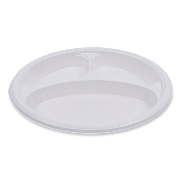 Hi-Impact Plastic Dinnerware, Plate, 3-Compartment, 10" Dia, White, 500/carton