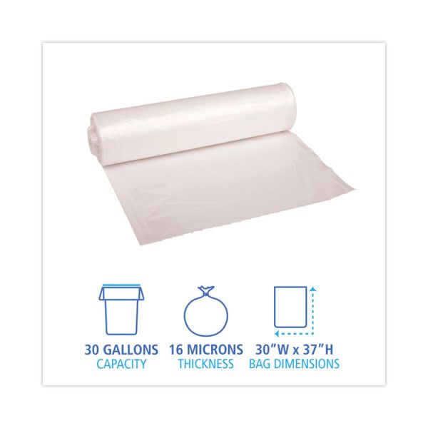 High Density Industrial Can Liners Coreless Rolls, 30 gal, 16 mic, 30 x 37, Natural, 25 Bags/Roll, 20 Rolls/Carton - Image 2