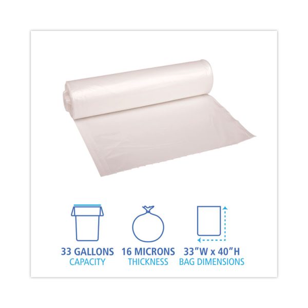 High Density Industrial Can Liners Coreless Rolls, 33 gal, 16 mic, 33 x 40, Natural, 25 Bags/Roll, 10 Rolls/Carton - Image 2
