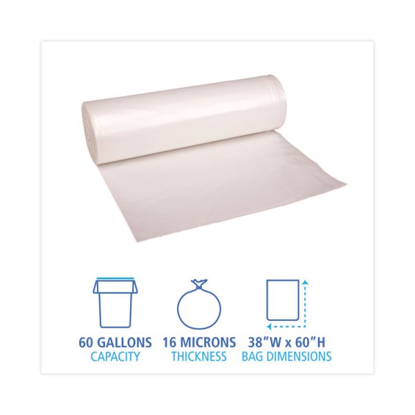 High Density Industrial Can Liners Coreless Rolls, 60 gal, 16 mic, 38 x 60, Natural, 25 Bags/Roll, 8 Rolls/Carton - Image 2