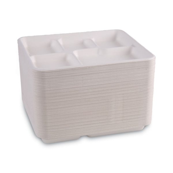 Bagasse Dinnerware, 5-Compartment Tray, 10 x 8, White, 500/Carton - Image 2