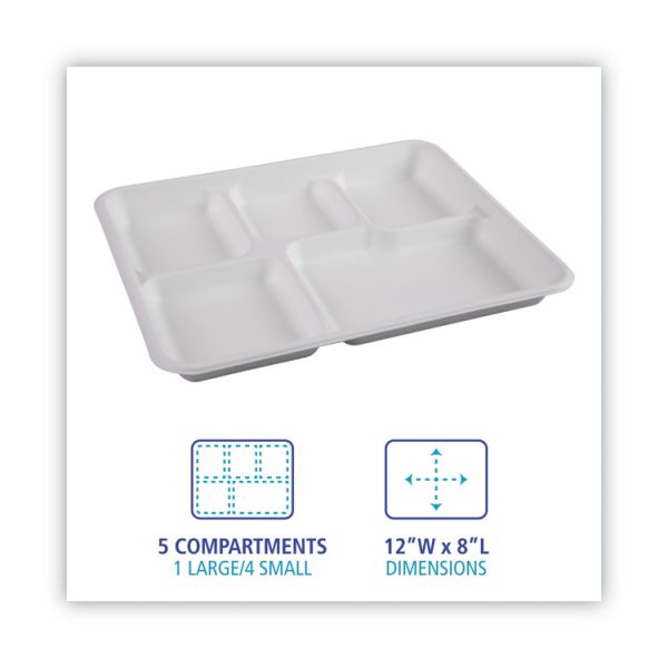 Bagasse Dinnerware, 5-Compartment Tray, 10 x 8, White, 500/Carton - Image 6