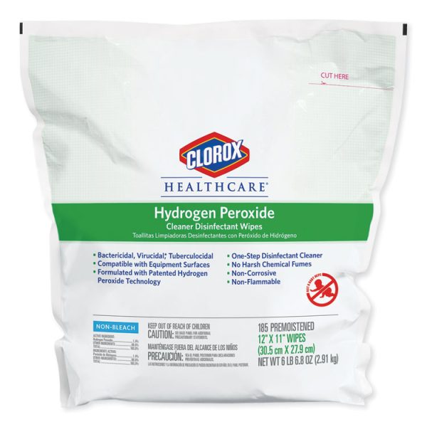 Hydrogen Peroxide Cleaner Disinfectant Wipes, 12 x 11, Unscented, White, 185/Pack, 2 Packs/Carton - Image 2