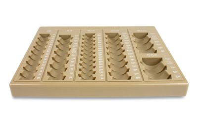 Plastic Coin Tray, 6 Compartments, Stackable, 7.75 X 10 X 1.5, Tan