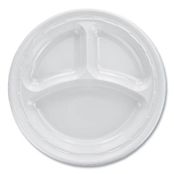 Famous Service Plastic Dinnerware, Plate, 3-Compartment, 10.25" Dia, White, 125/pack, 4 Packs/carton