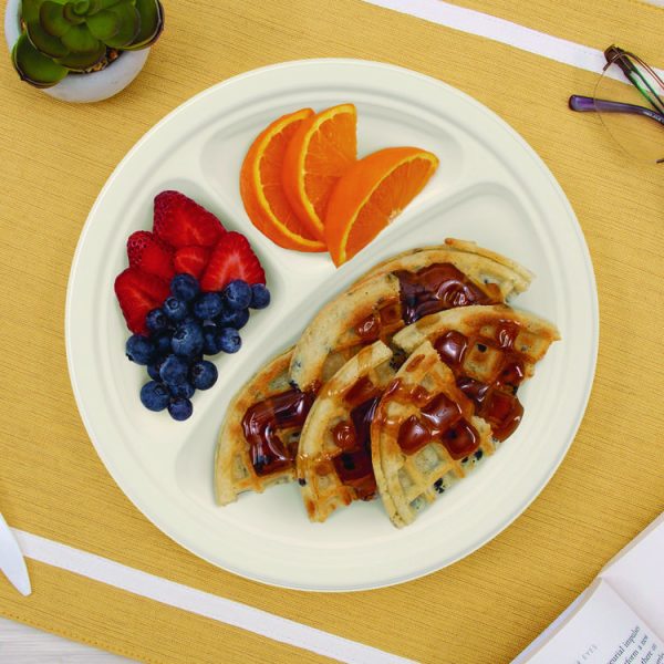 Compostable Fiber Dinnerware, ProPlanet Seal, 3-Compartment Plate, 10" Diameter, Ivory, 500/Carton - Image 4