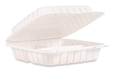 Hinged Lid Containers, 3-Compartment, 9 x 8.75 x 3, White, Plastic, 150/Carton