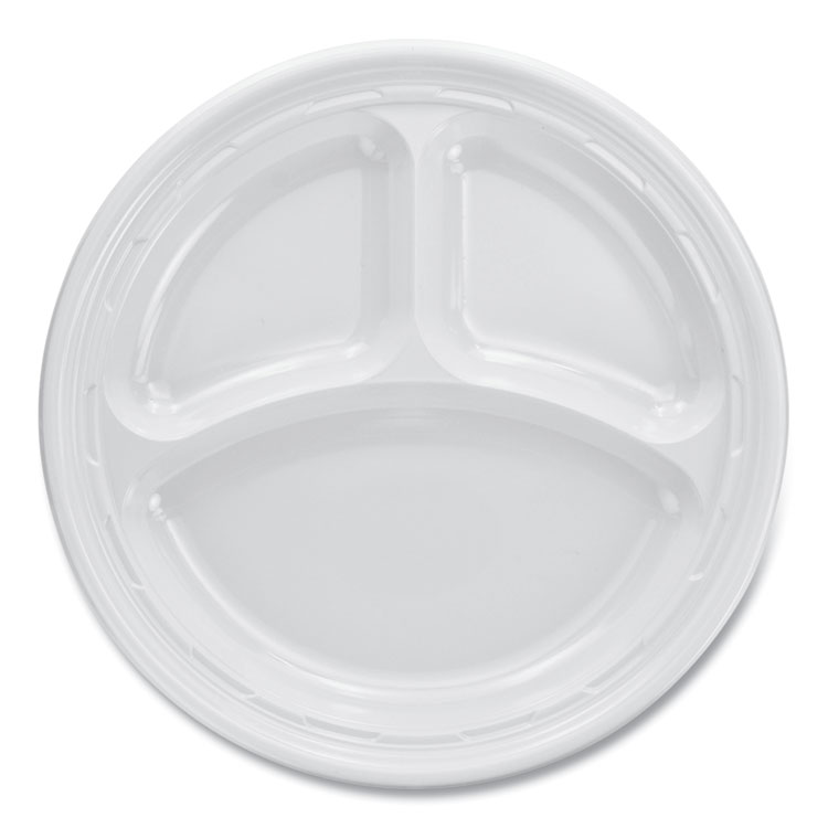 Plastic Plates, 3-Compartment, 9" Dia, White, 125/pack, 4 Packs/carton